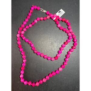 NEW fuchsia pink agate 36 inch knotted bead necklace with sterling silver clasp